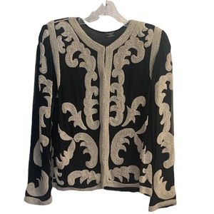 Vintage 100% Black Silk Beaded Pearl Evening Jacket Made in India Sz S